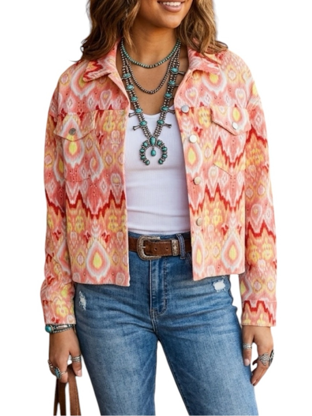 Savanna Jane NWT Ikat Corduroy Jacket Pink Orange Boho Shacket Sz S